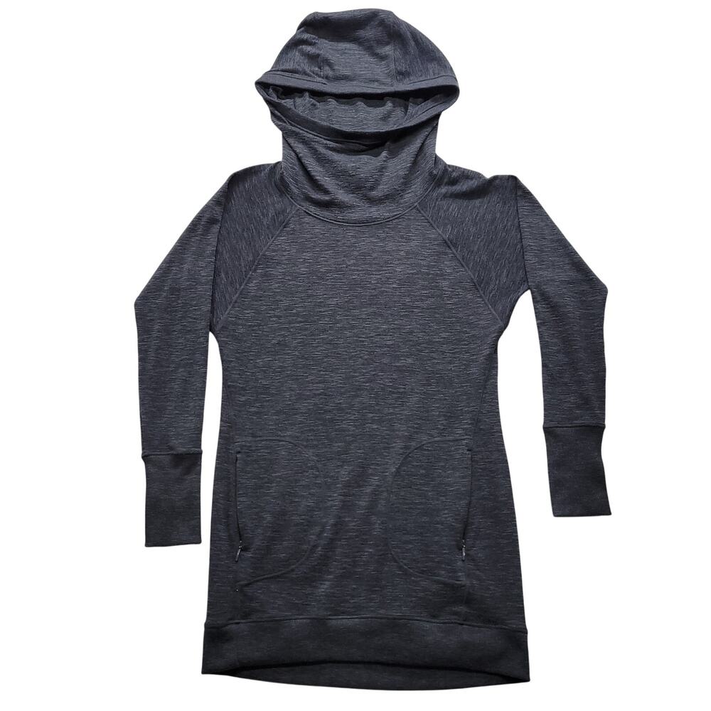 Athleta Womens Small Longline Hoodie Gray Cowl Neck Zip Pocket Tunic Pullover